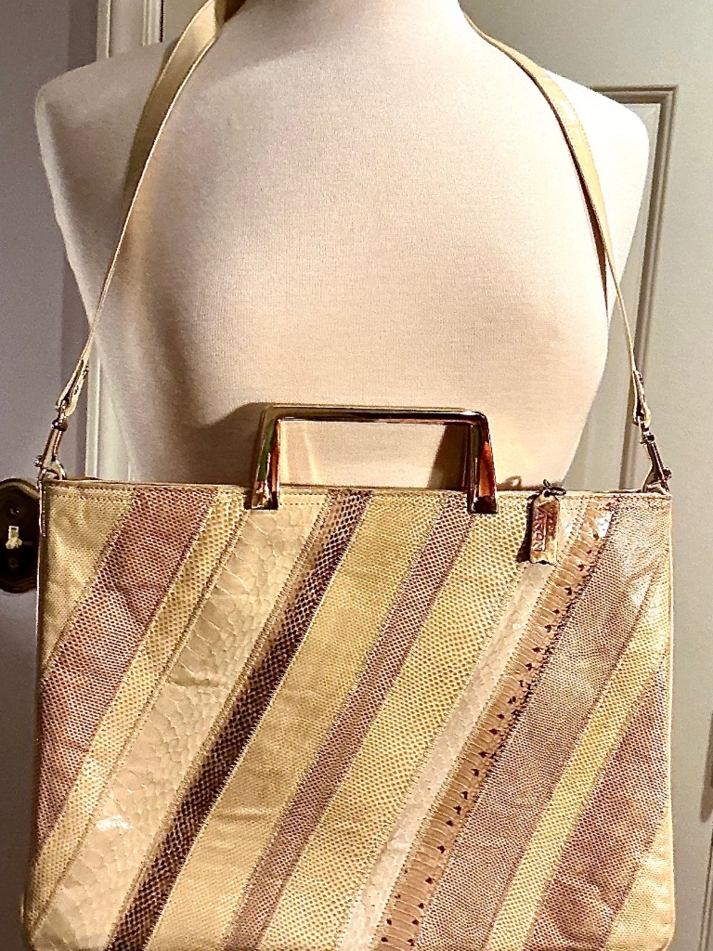 Vintage Bags by Varon Lizard Exotic Reptile Patchwork Handbag Gold Handle